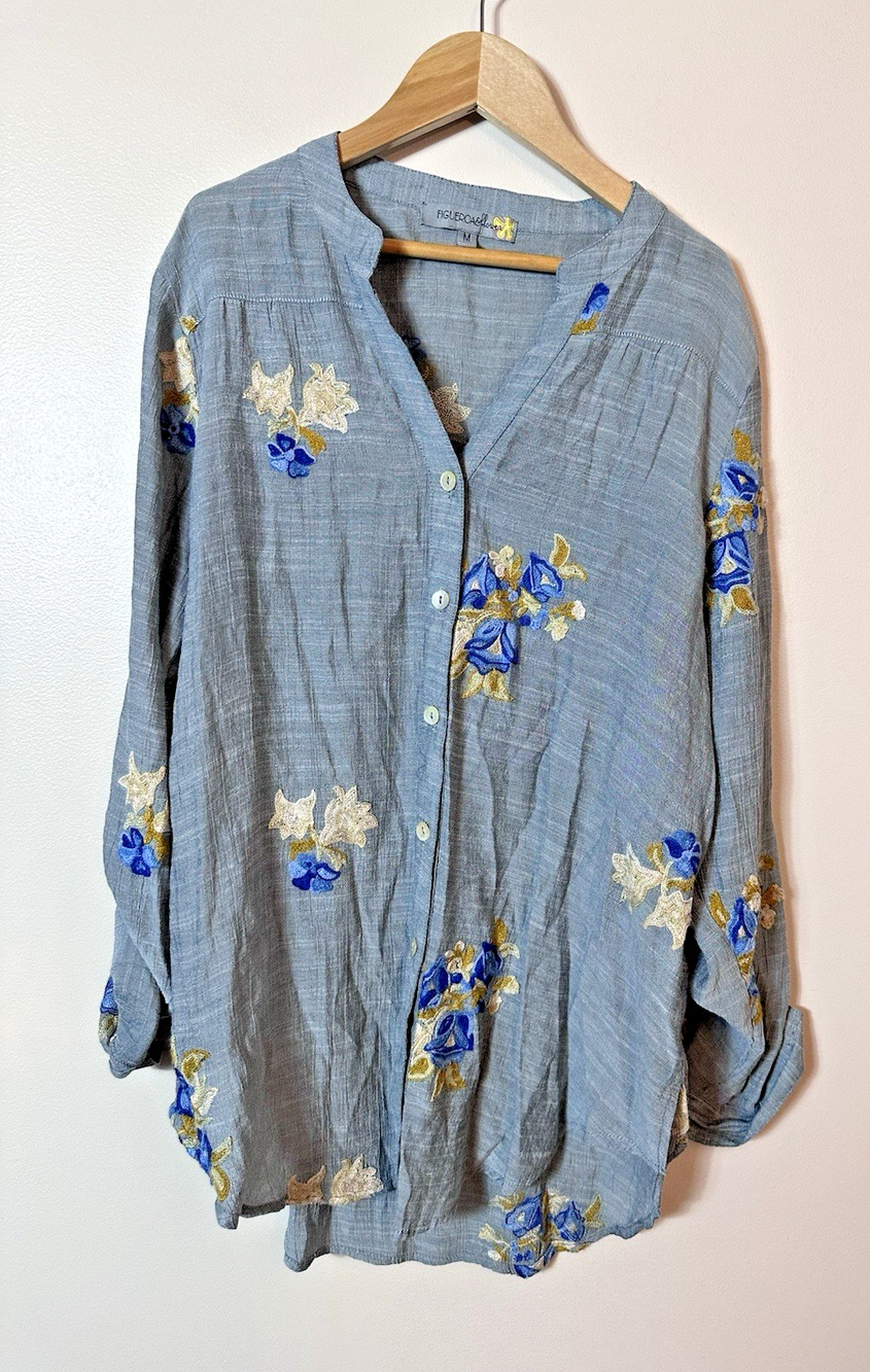 Figueroa & Flower Anthropologie Shirt Womens Med Blue Floral Embroidered Boho M